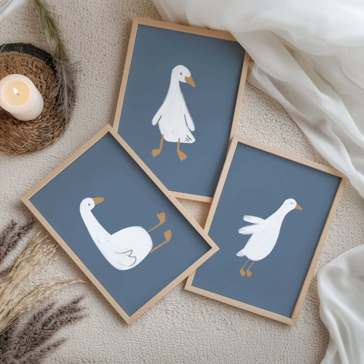 Minimalist cartoon goose posters on navy blue background

