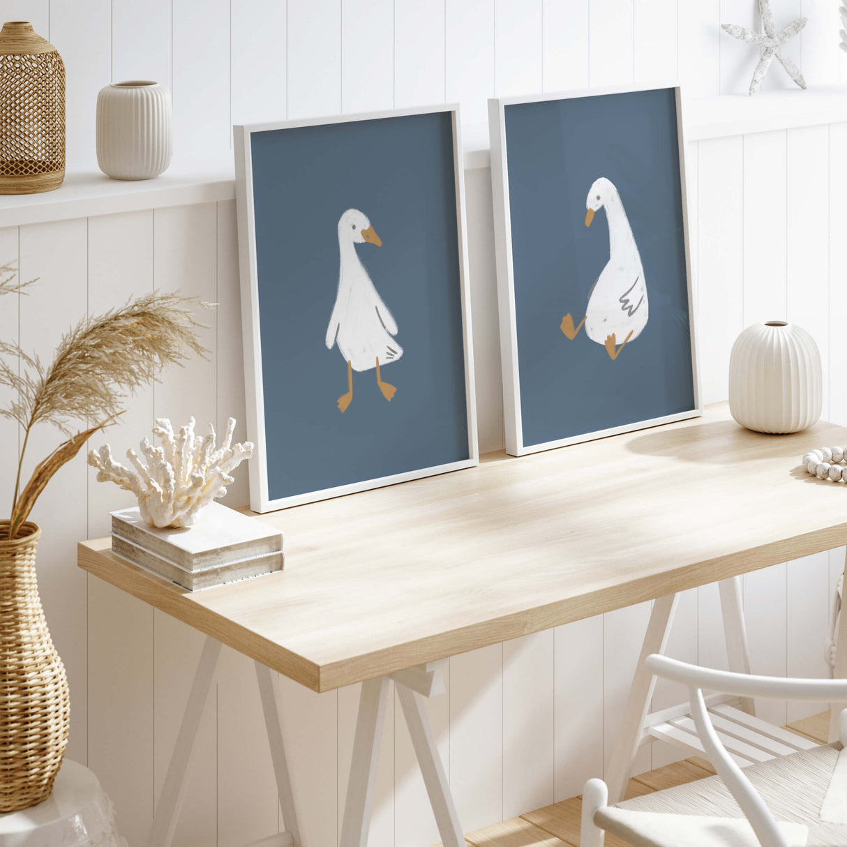 Abstract white goose wall decor set for modern home or farmhouse

