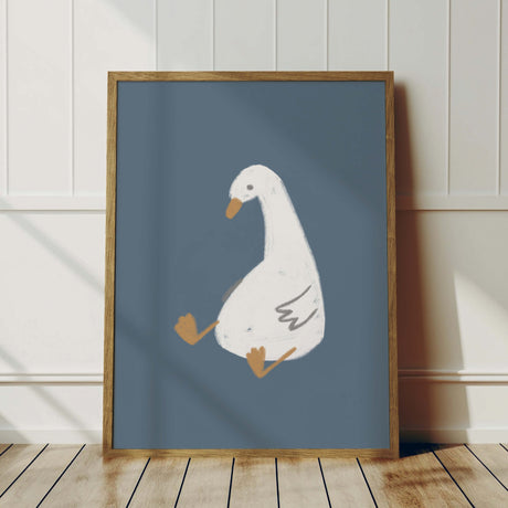 Sitting white goose on blue background printable wall art for nursery or kids room funny minimal digital animal artwork


