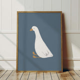Minimalist cartoon goose posters on navy blue background

