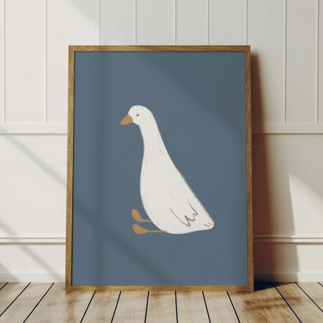 Minimalist cartoon goose posters on navy blue background

