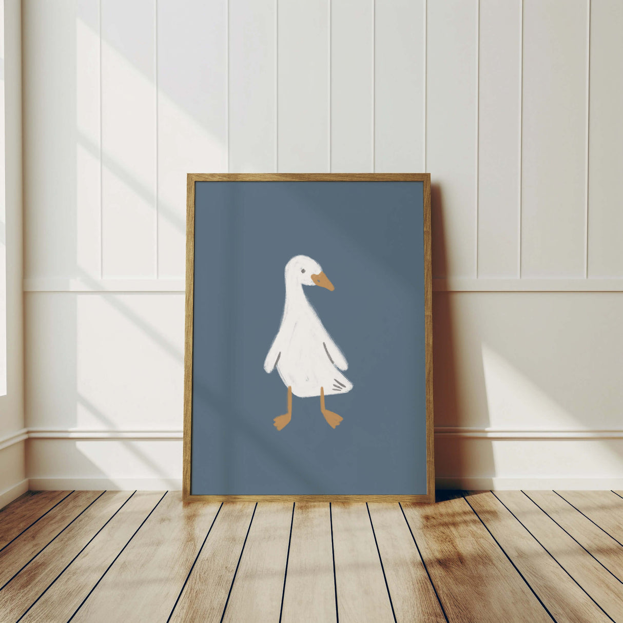 Printable nursery artwork featuring 11 white geese on blue backgrounds

