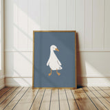 Printable nursery artwork featuring 11 white geese on blue backgrounds

