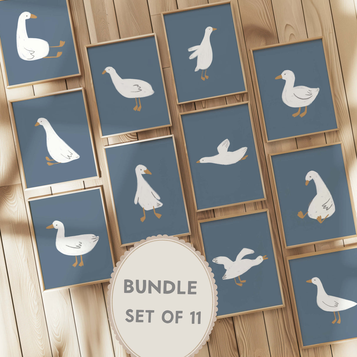 Set of 11 silly goose printable posters on blue background for nursery or kids room

