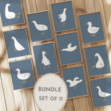 Set of 11 silly goose printable posters on blue background for nursery or kids room

