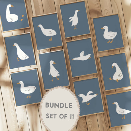 Set of 11 silly goose printable posters on blue background for nursery or kids room

