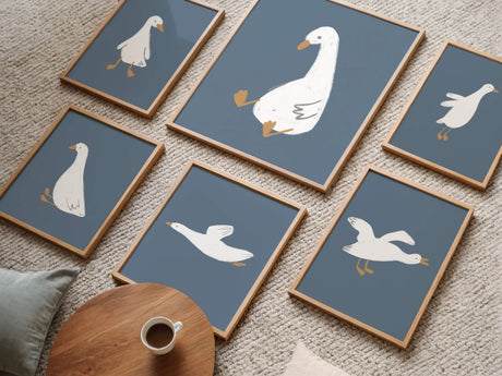 Digital download bundle of white goose wall art prints for boho or modern decor

