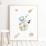 Watercolor space astronaut print for neutral nursery decor.
