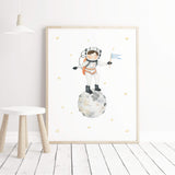Watercolor astronaut girl with brown hair on the moon printable for girls nursery wall decor.