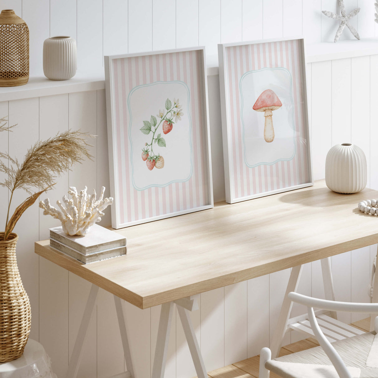 Digital download strawberry mushroom art print set for vintage kitchen or pastel-themed home.

