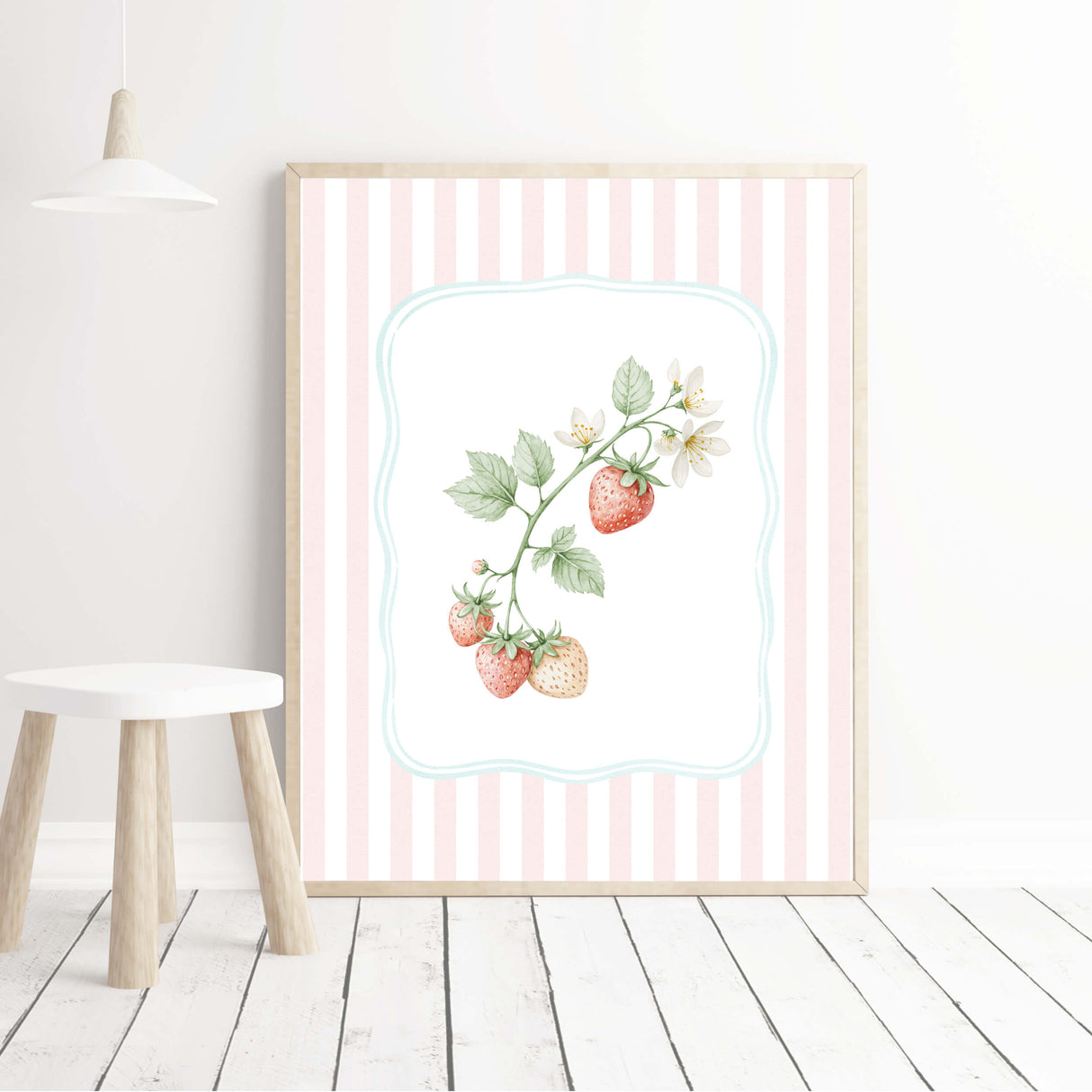 Pastel botanical kitchen decor prints with strawberries and mushroom illustrations on pink striped background.

