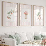 Pink striped strawberry and mushroom wall art set of 3 printable for kitchen or nursery decor.

