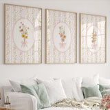 Vintage floral wall art set of 6 printable with pink wildflowers for baby girl nursery
