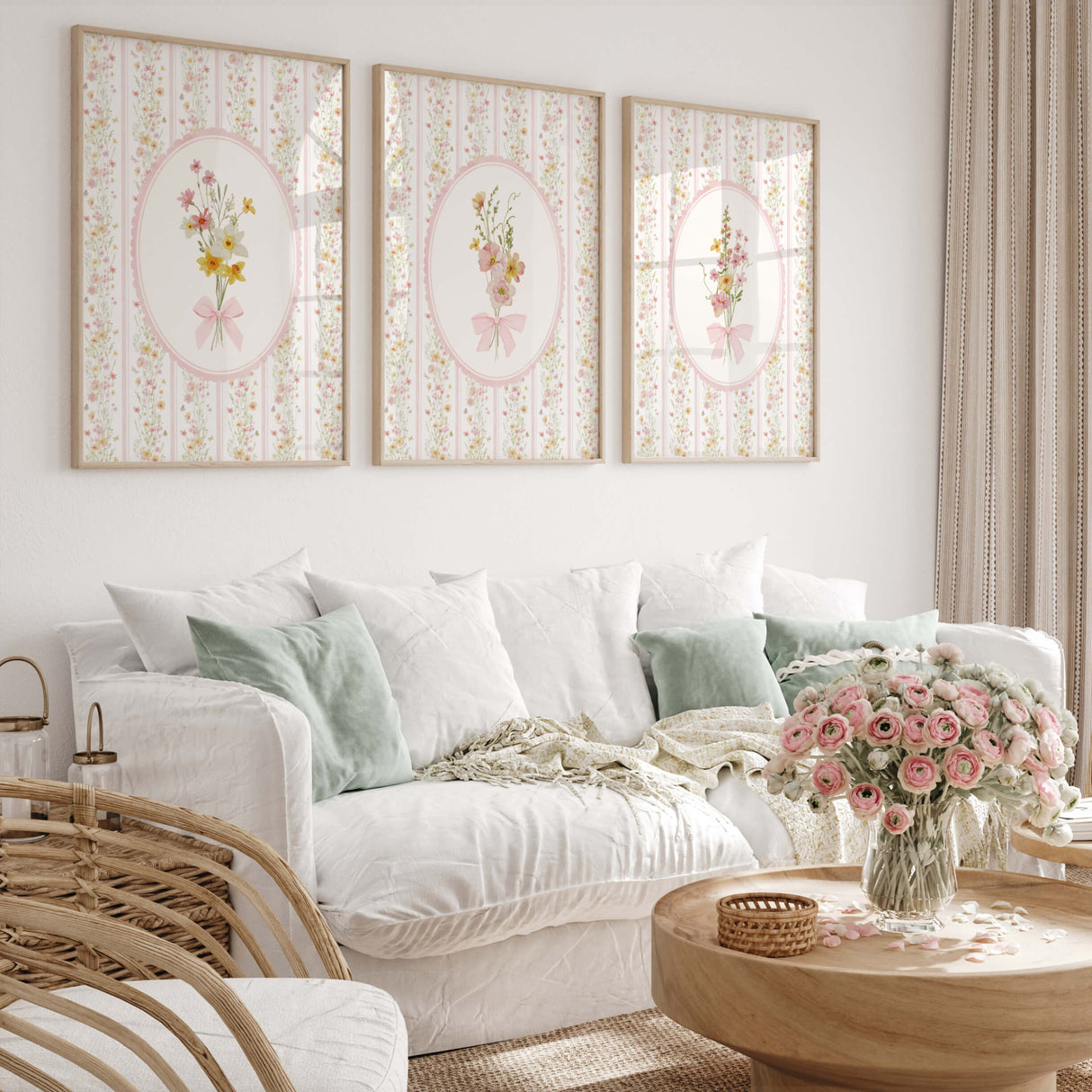 Vintage cottagecore nursery wall decor printable floral and bow set