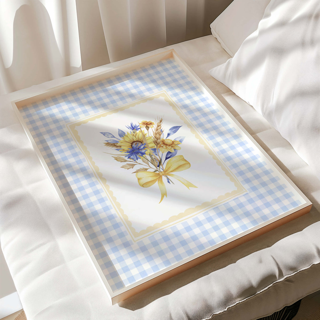 Sunflower Printable Wall Art with Blue Gingham Border  - Flower Print - Blue - Yellow - Cottagecore