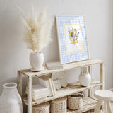 Sunflower Printable Wall Art with Blue Gingham Border  - Flower Print - Blue - Yellow - Cottagecore