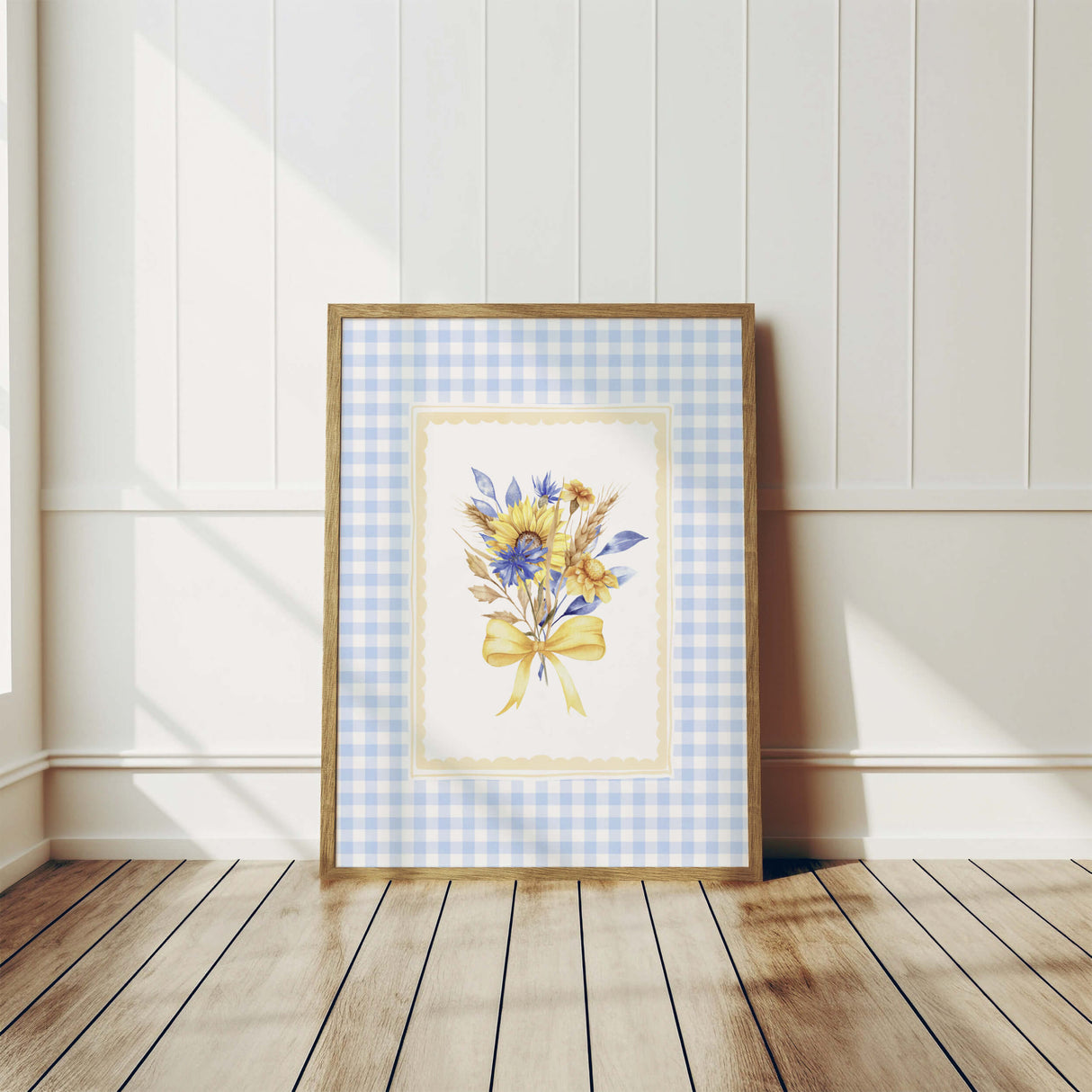 Sunflower Printable Wall Art with Blue Gingham Border  - Flower Print - Blue - Yellow - Cottagecore