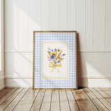 Sunflower Printable Wall Art with Blue Gingham Border  - Flower Print - Blue - Yellow - Cottagecore