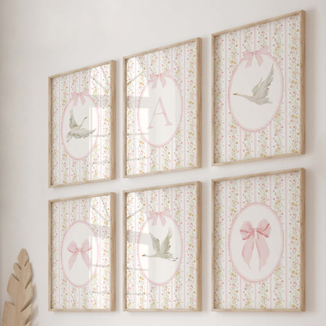 Swan nursery wall art printable with pink floral stripes bows and initial letters
