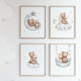 Set of 4 watercolor teddy bear with bunny poster in gray, brown, yellow colors for gender neutral nursery decor.
