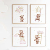 Set of 4 watercolor teddy bear print in pink, brown, yellow colors for baby girls room decor and white nursery decor.