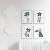 Watercolor teddy bear print with balloon, stars, rainbow in "panel dark blue" and gray colors for baby boys room decor, toddler room decor.