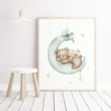 Watercolor teddy bear with bunny on the cloud print in brown, beige, yellow and sage green colors print for gender neutral nursery decor, baby girls room decor, boys room decor.