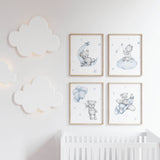 Set of 4 watercolor light blue and gray teddy bear printable  for toddler and baby boys room decor.