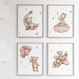 Set of 4 watercolor burgundy teddy print for gender neutral nursery decor.