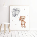 Watercolor teddy bear in brown, gray colors with balloon print for gender neutral nursery decor, toddler room decor and girls nursery decor.