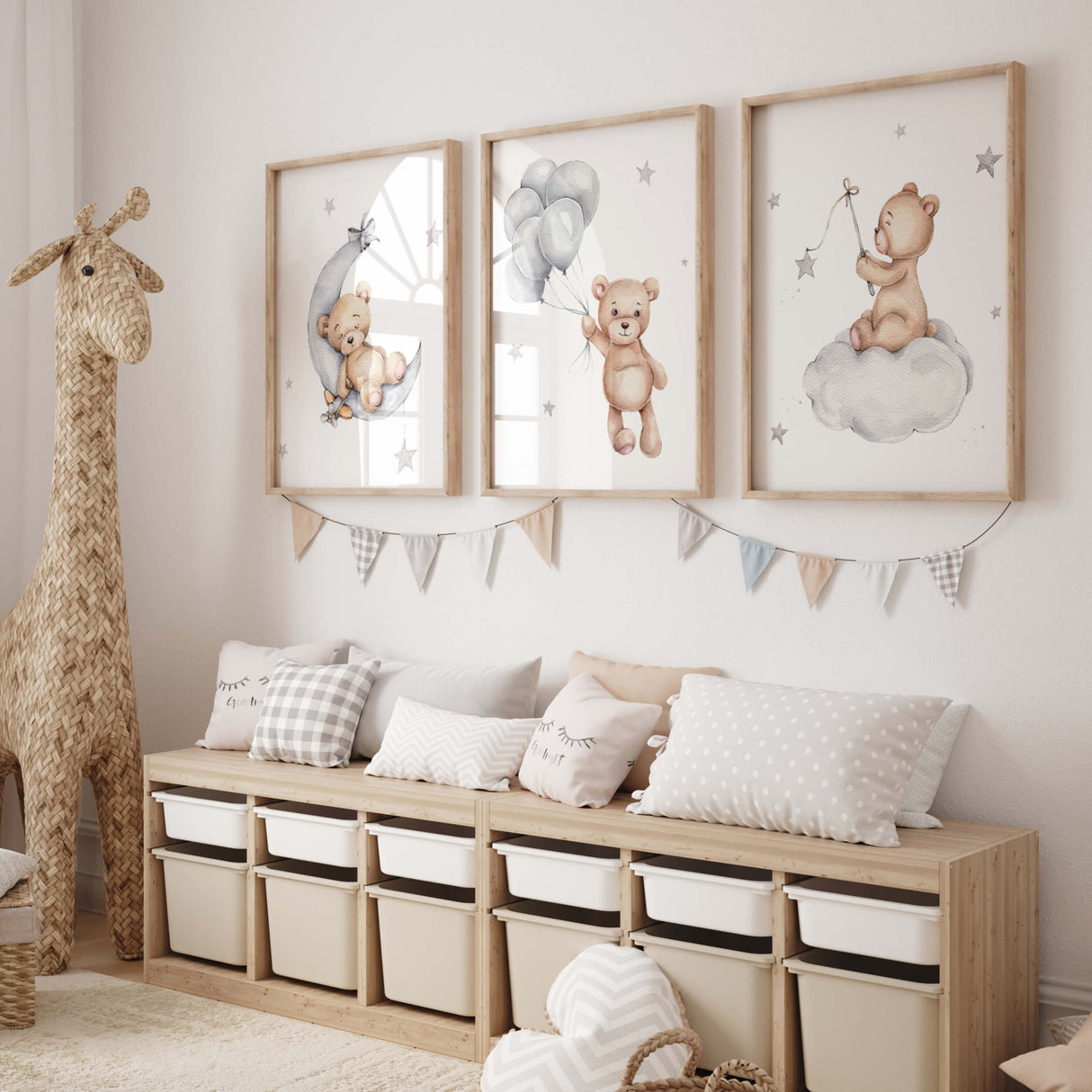 Set of 3 watercolor teddy bear in brown, gray colors print for baby boys room nursery decor.