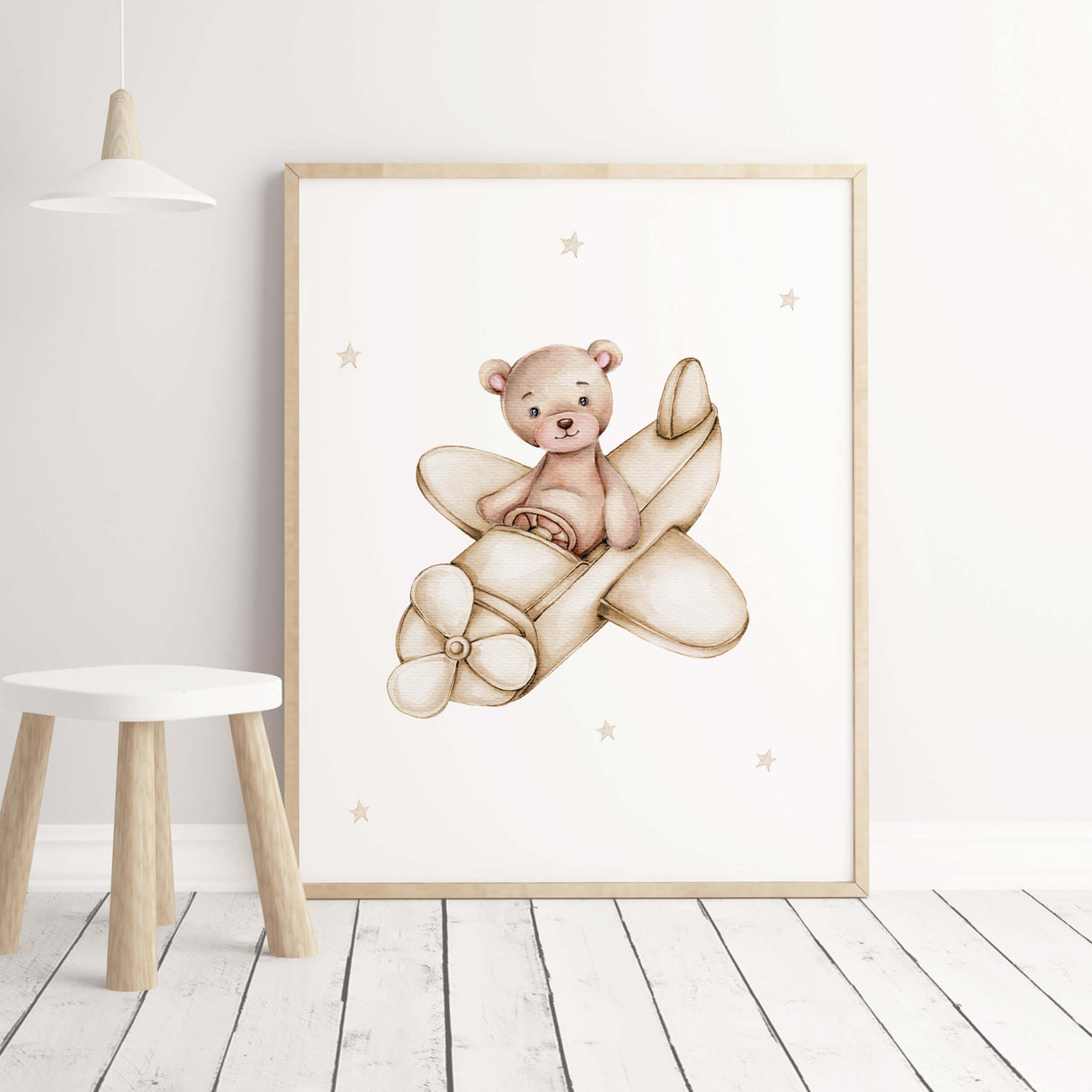 Teddy Bear with Airplane Nursery Print  - Beige