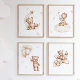 Set of 4 teddy bear with beige moon, clour, airplane and stars for neutral nursery decor.