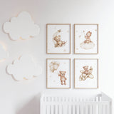 Set of 4 teddy bears with beige accessories - moon, cloud, plane, balloon - prints for gender-neutral nursery room decoration.