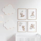 Set of 4 watercolor teddy bear in stone white color print for white nursery decor.