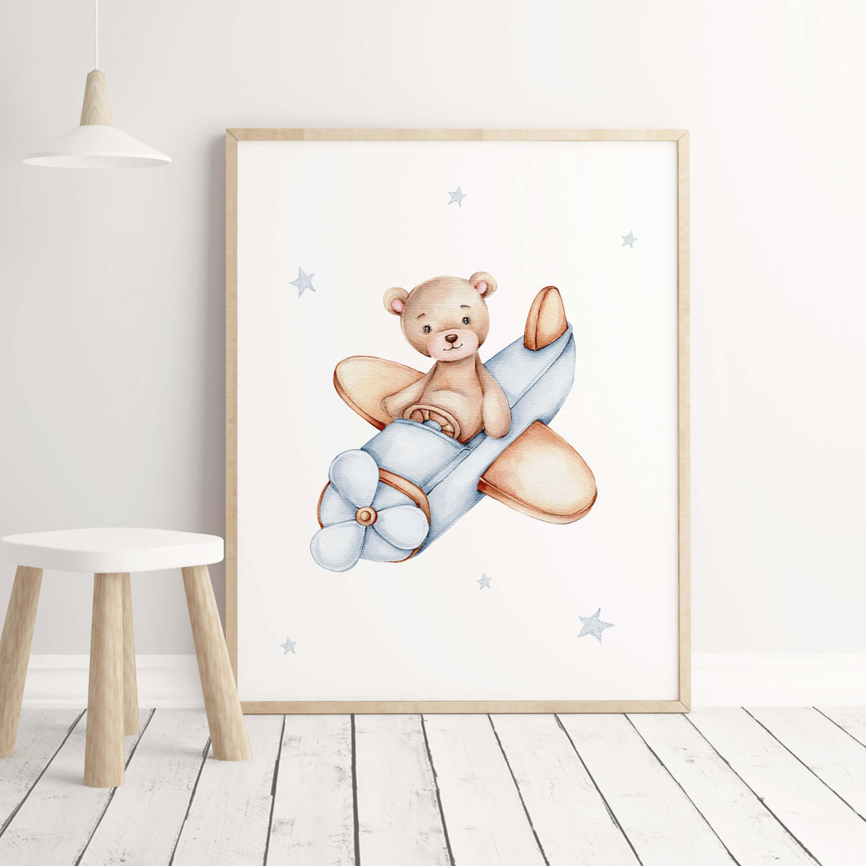 Teddy bear with airplane with blue and brown color for pastel nursery room decor.