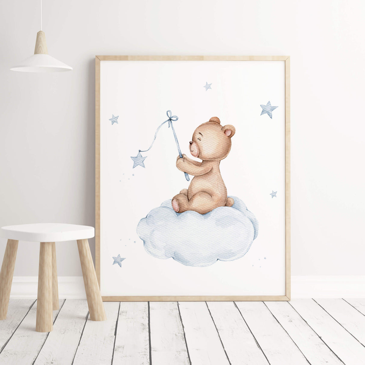 Teddy bear on the moon with light blue color for boys room decoration.