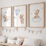  Set of 3 Teddy bear prints with moon, balloon and cloud for neutral room decor ideas with brown and blue color.