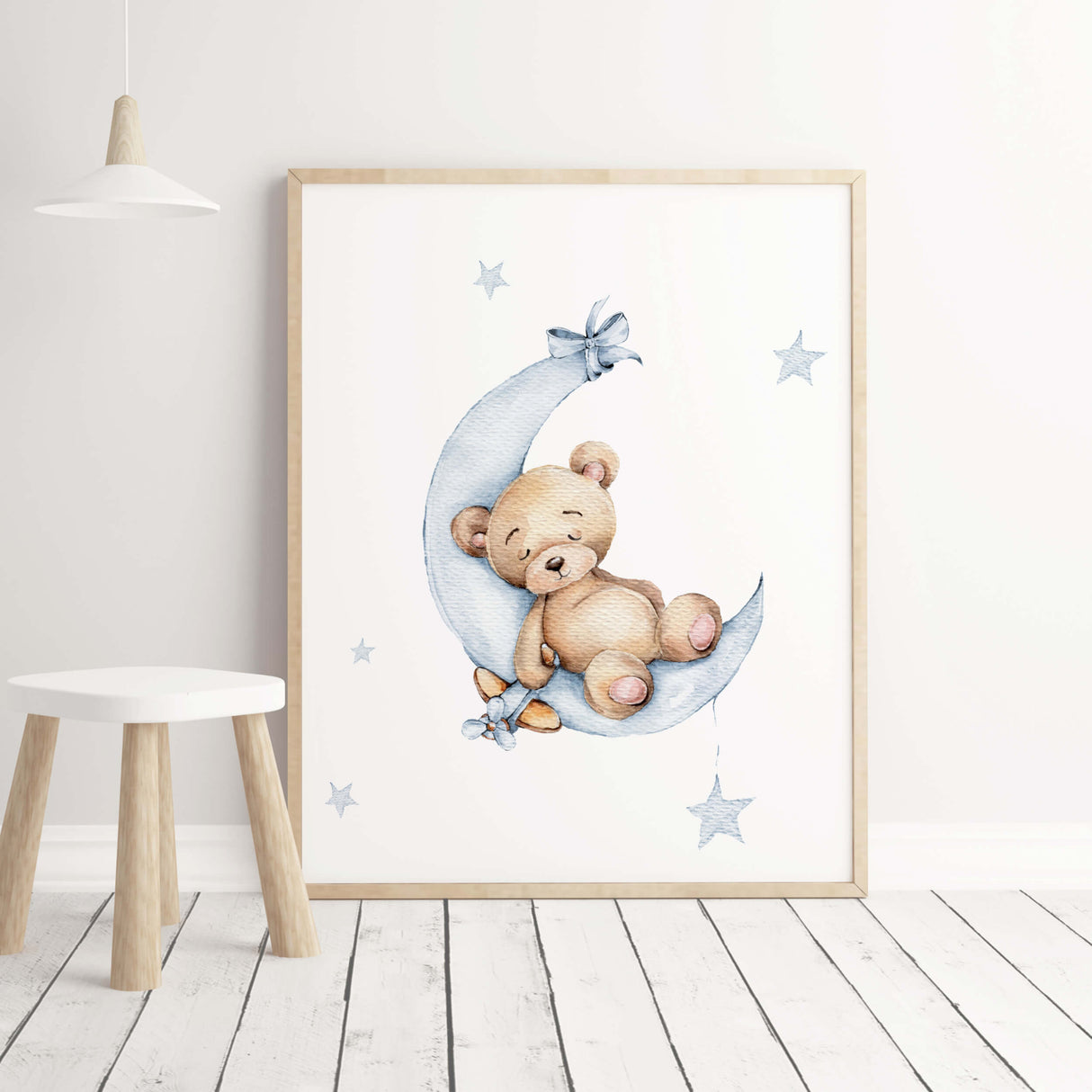 Teddy bear on the moon with blue and brown colors for boys nursery wall decor.