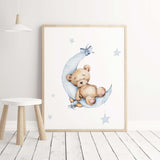 Teddy bear on the moon with blue and brown colors for boys nursery wall decor.