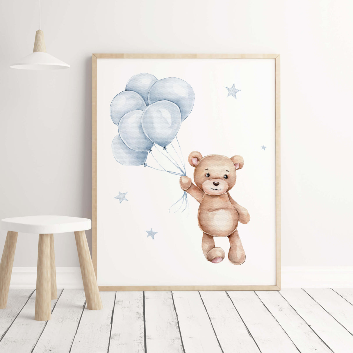 Blue Teddy bear with balloon for toddler room decor.