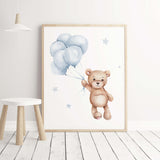 Blue Teddy bear with balloon for toddler room decor.