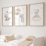 Set of 3 watercolor teddy bear print for gender neutral nursery decor.