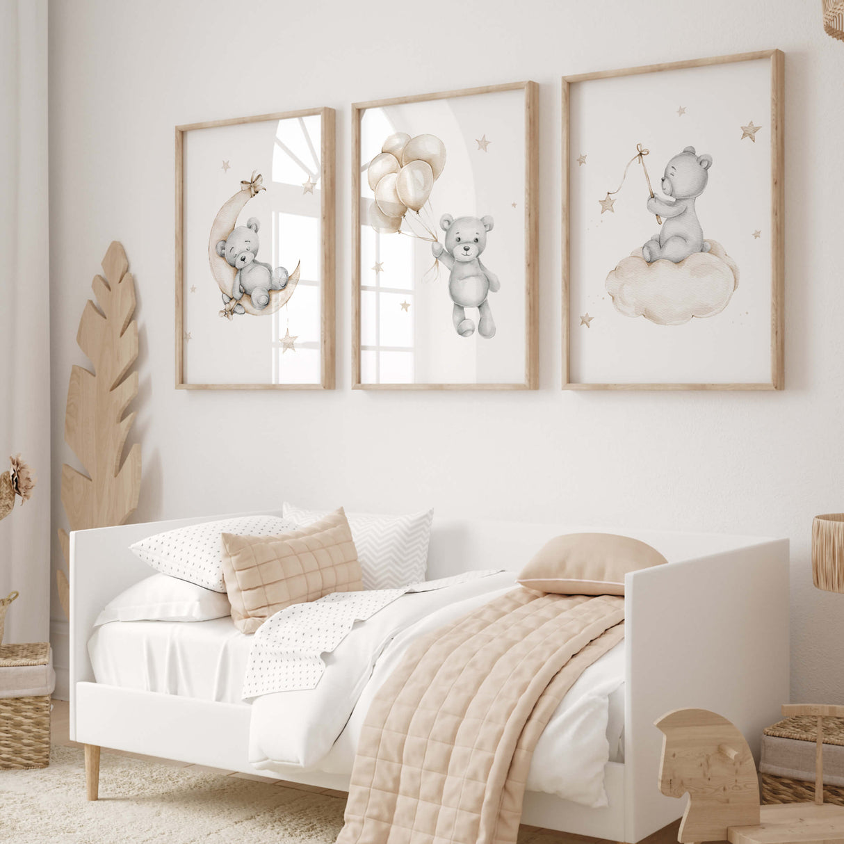 Set of 3 watercolor teddy bear print  in beige and gray colors for gender neutral nursery decor.