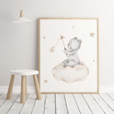 Watercolor teddy bear on the cloud print  in beige and gray colors for gender neutral nursery decor.
