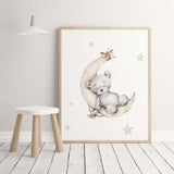 Watercolor teddy bear on the moon print  in beige and gray colors for gender neutral nursery decor.