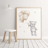 Watercolor teddy bear with balloon print  in beige and gray colors for gender neutral nursery decor.