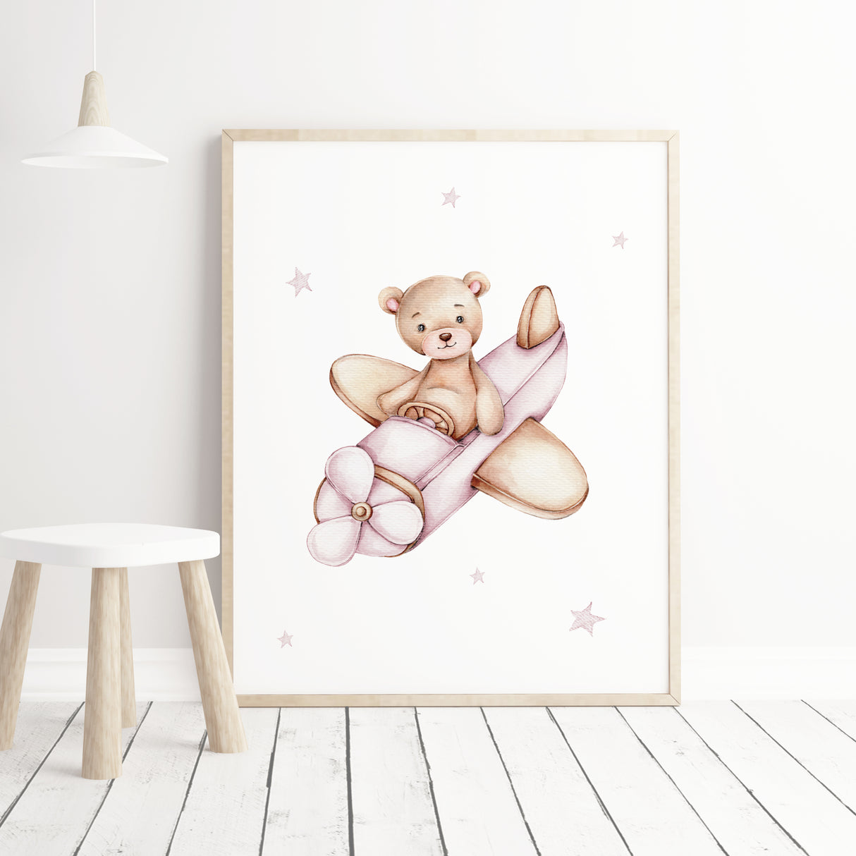 Watercolor teddy bear with airplane in pink color for girls nursery decor.