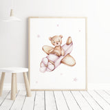 Watercolor teddy bear with airplane in pink color for girls nursery decor.