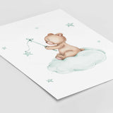 Watercolor teddy bear print on the cloud in pastel mint brown color for gender neutral nursery decor.